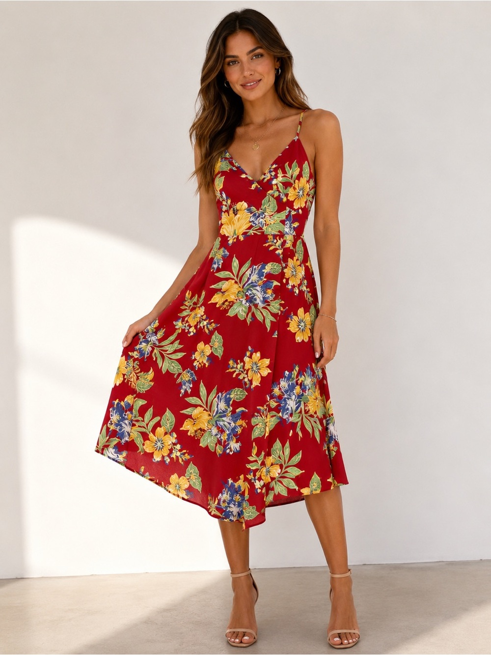 NWT Polo Ralph Lauren Red Floral Spaghetti-Strap Womens Dress 4 small midi long